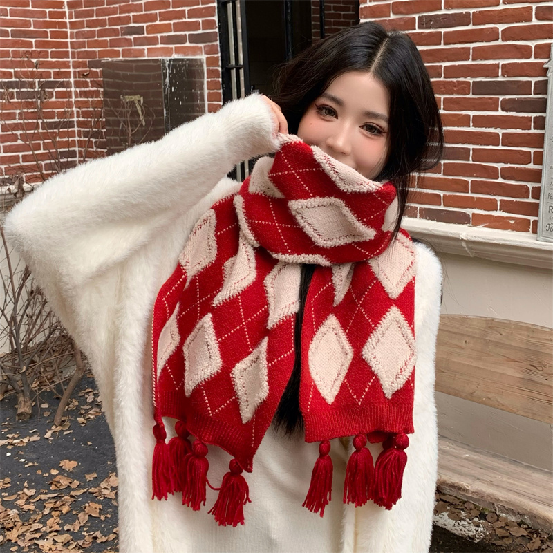 光遇同款菱形格子流苏红色围巾女秋冬季保暖长款仿羊绒高级感洋气