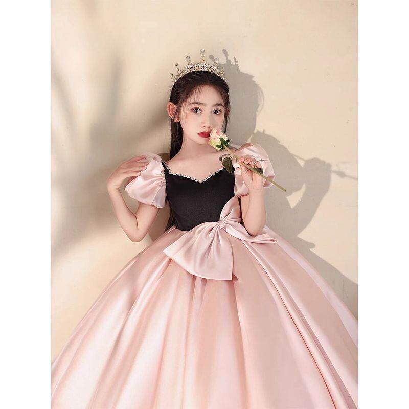 直供粉色儿童礼服高端缎面生日公主裙主持轻奢小众花童女钢琴演奏