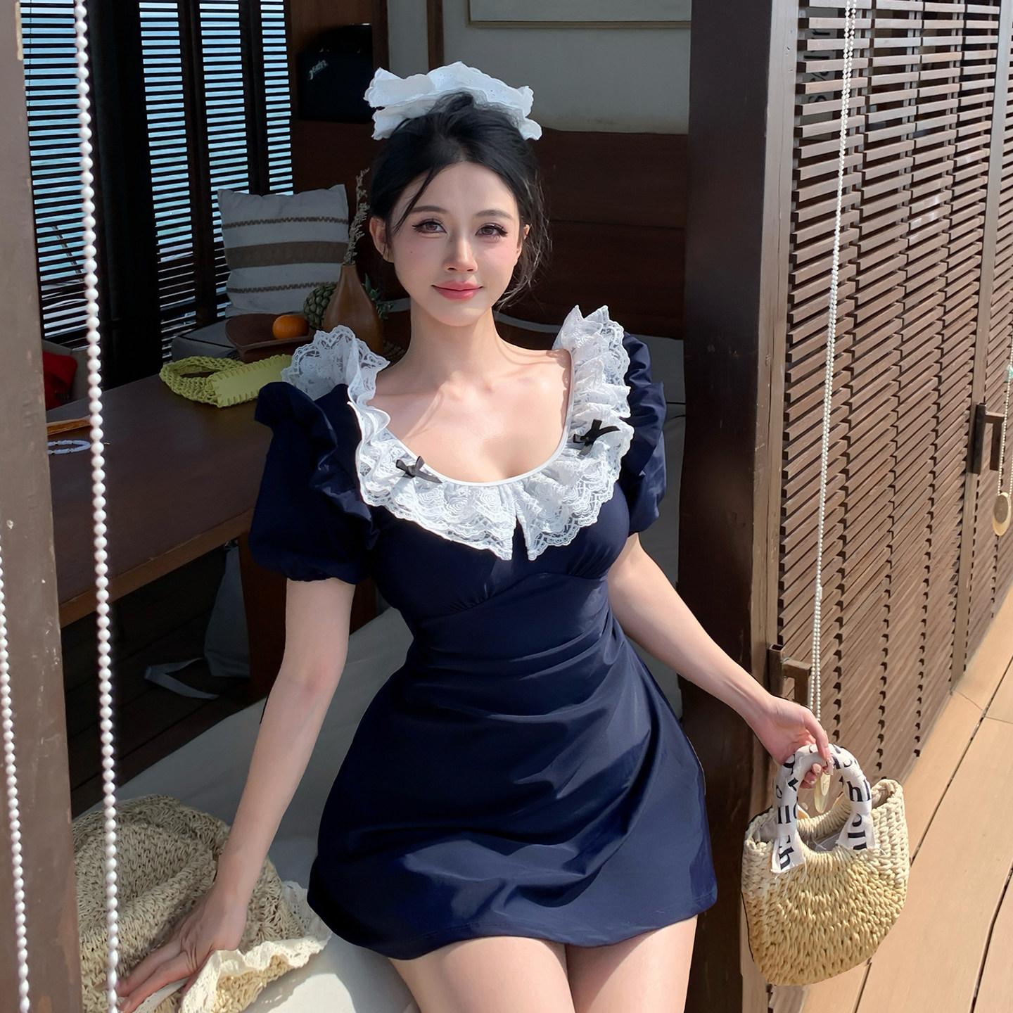 Nazal海军风微胖mm泳衣女大码遮肚显瘦连体平角裤保守泡温泉度假