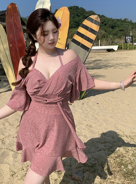 NAZAL微胖mm高级大码泳衣女遮肚显瘦度假泡温泉连体平角裤带钢托