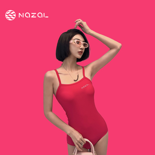 Nazal火龙果色微胖mm初学者游泳衣女收腰显瘦竞速泳衣女低开包臀