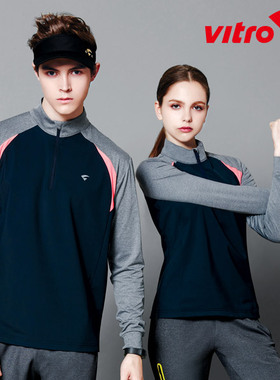 韩国代购VITRO羽毛球服五折清仓男女情侣撞色拼接立领长袖速干T恤