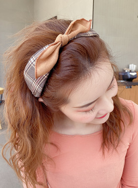 韩国东大门头箍女头顶蝴蝶结秋冬格子不对称宽边发箍网红发卡新款