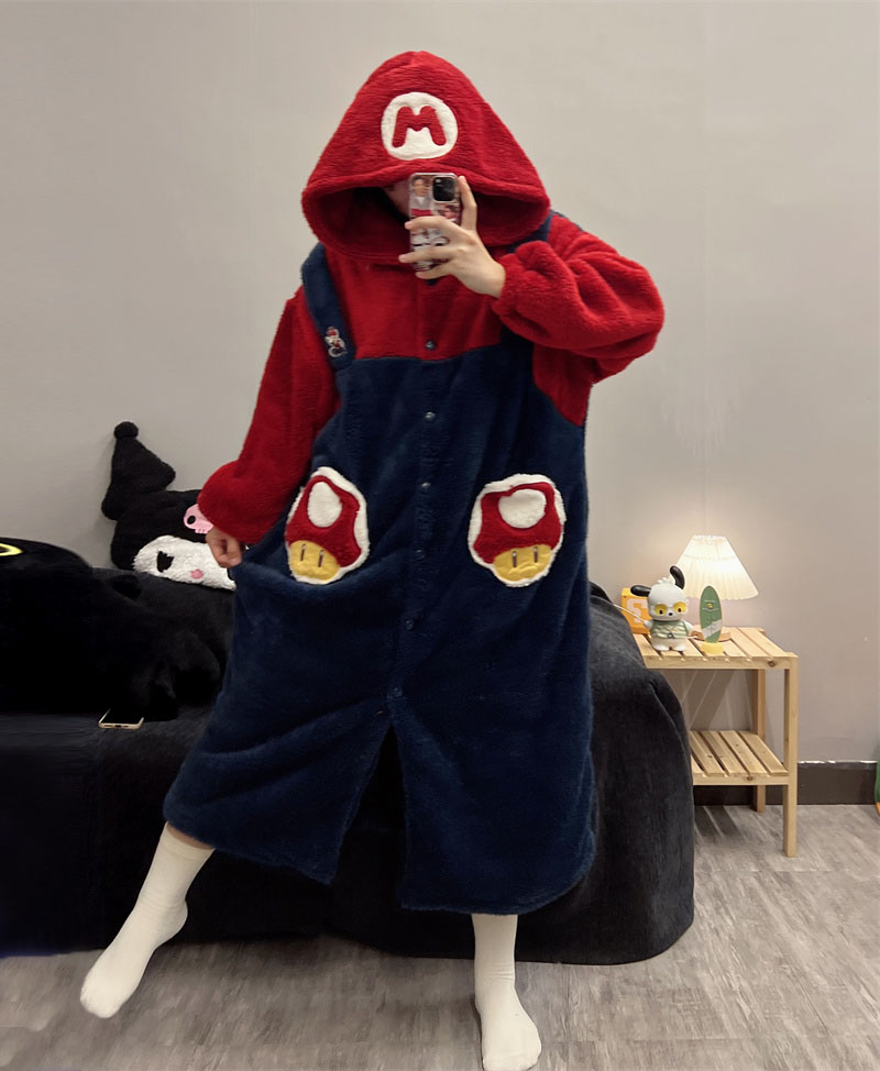 马里奥睡袍冬季加厚男女士珊瑚绒