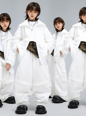 元旦少儿街舞hiphop白色套装团体表演服男女童嘻哈汇演走秀演出服