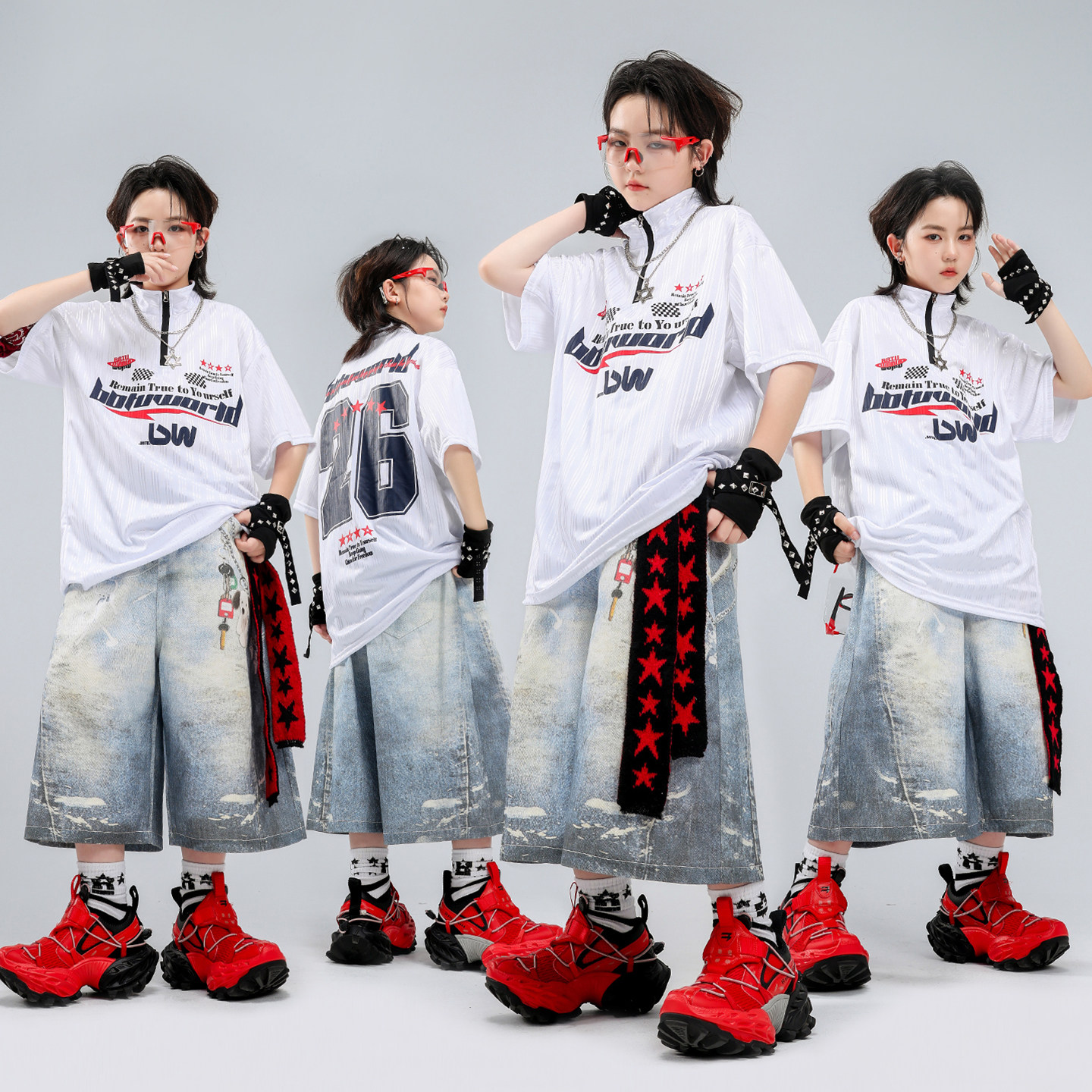 潮童街舞夏季白色速干短袖练功服男童嘻哈hiphop六一团体演出服装