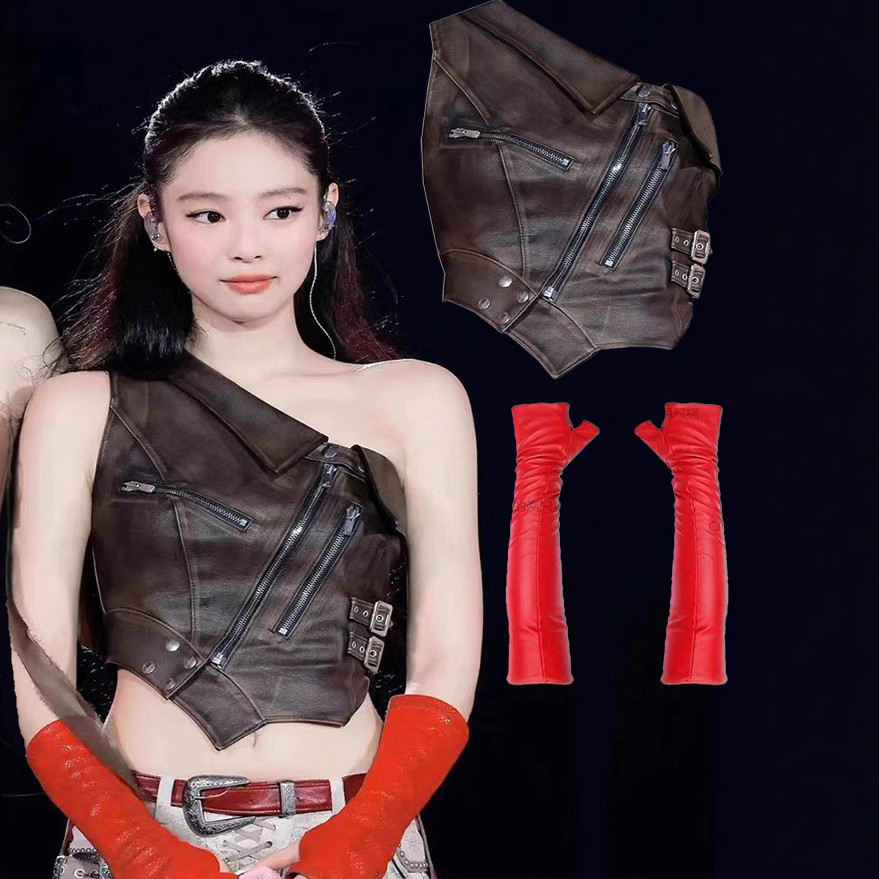 现货金智妮jennie同款衣服不对称拉链机车背心PU皮短款斜肩上衣女