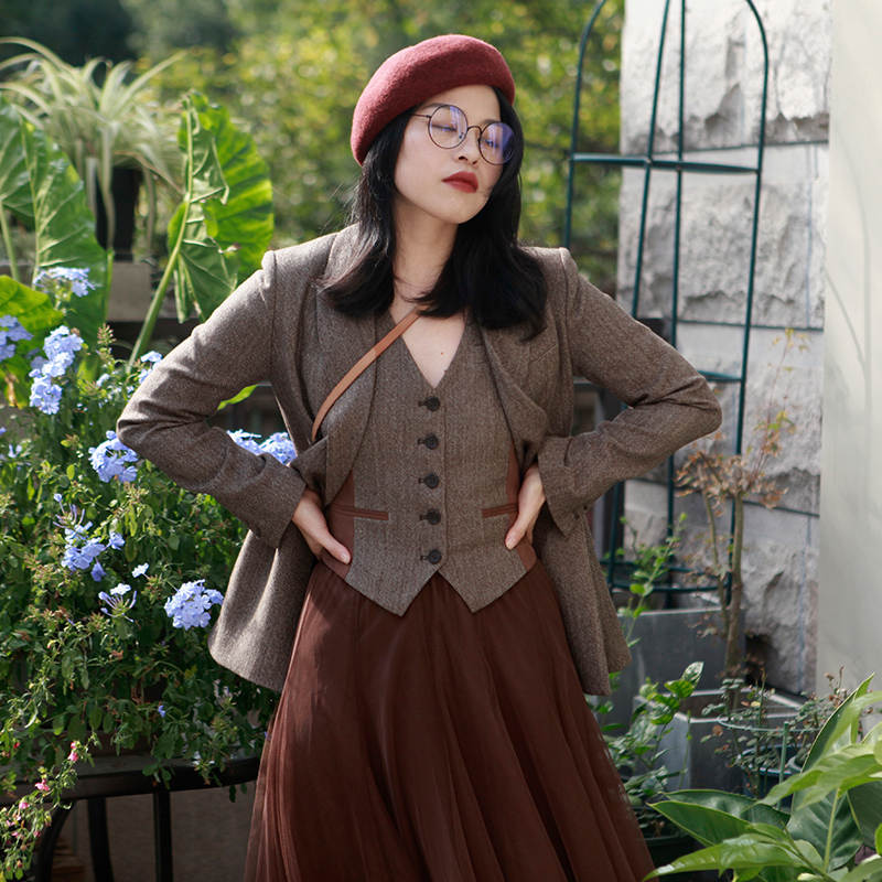 【释缝】复古双排扣小西装女马甲套装英伦港风vintage修身羊毛尼,女装/女士精品,时尚套装,淘宝优惠券,粉丝福利购,淘宝优惠卷