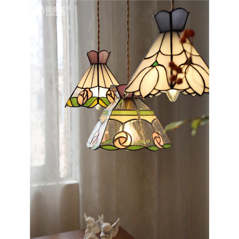 法式复古手工玫瑰花彩色玻璃吊灯玄关餐厅吧台橱窗阳台卧室ins风