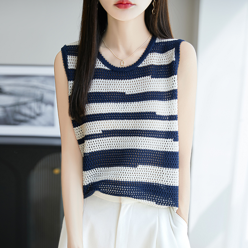 天丝亚麻针织吊带背心女2025夏新款粗针挑空无袖T恤镂空提花上衣