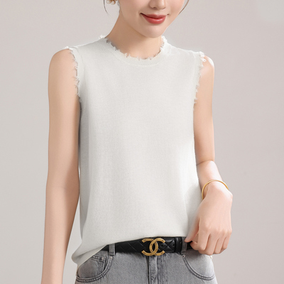 匠心之作~100%精纺羊毛背心女圆领时尚破边宽松扬子纱无袖打底衫