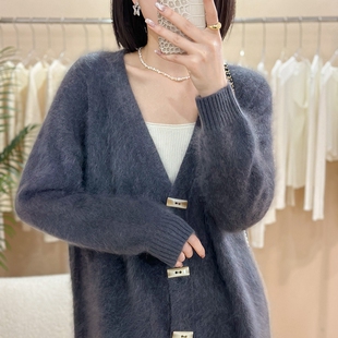 慵懒风100%纯山羊绒针织开衫女中长款V领拉绒宽松时尚毛衣大外套