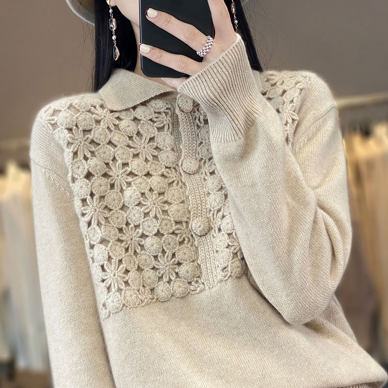 重工手工钩花羊绒衫女POLO领宽松加厚毛衣百搭100%羊毛针织打底衫