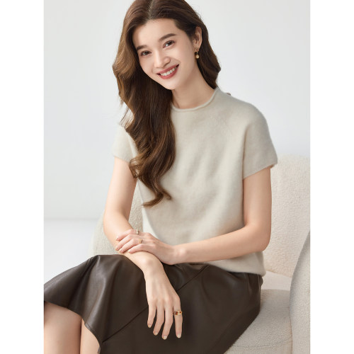 法式短袖100%山羊绒衫女卷边上衣