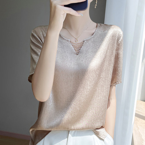 高级感缎面褶皱肌理感短袖女圆领宽松设计感T恤洋气百搭显瘦上衣