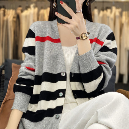 中长款100%纯羊毛开衫女宽松慵懒风拼色毛衣外套洋气羊绒针织上衣
