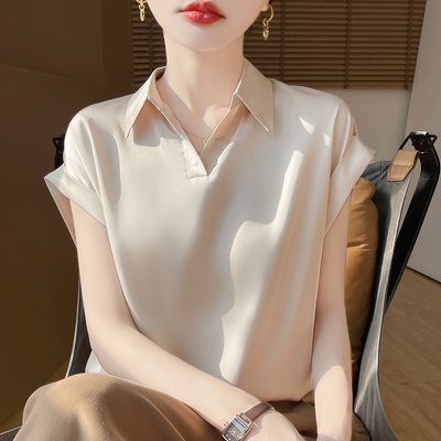 气质轻奢衬衫领短袖T恤女夏新款醋酸缎面POLO打底衫宽松半袖上衣
