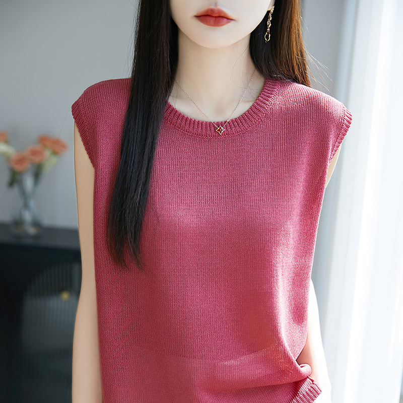 冰丝亚麻针织吊带背心女圆领夏薄款无袖宽松T恤时尚百搭无袖上衣