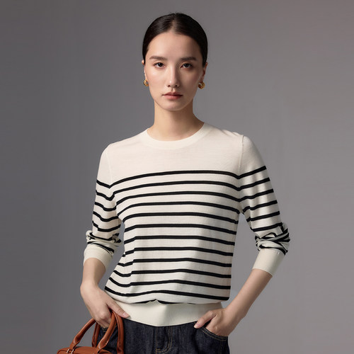 可机洗！圆领条纹精纺扬子纱羊毛衫女长袖套头打底衫宽松薄款上衣