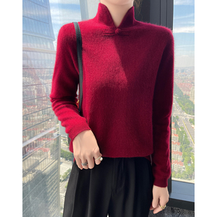 中国风山羊绒衫女立领宽松套头高级感毛衣时尚宽松羊绒针织打底衫