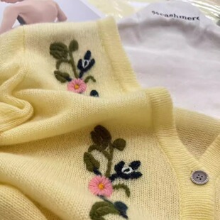 2025早秋薄款100%纯山羊绒开衫女V领短款手工绣花毛衣外套针织衫