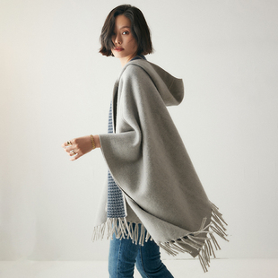 高端时尚王炸款!山羊绒披肩斗篷女连帽女王范空气层宽松流苏外套