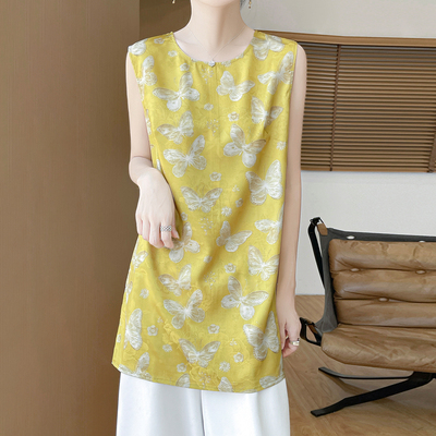 新中式国风中长款缎面印花上衣女2025夏新款圆领复古无袖马甲背心