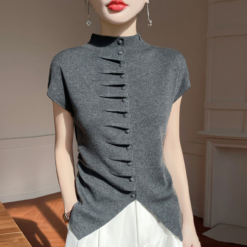 Gao级感不规则精纺羊毛短袖开衫女半高领修身显瘦褶皱T恤时尚上衣