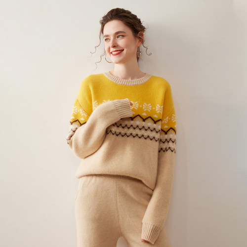 洋气提花撞色山羊绒针织衫女圆领宽松套头毛衣费尔岛风保暖打底衫