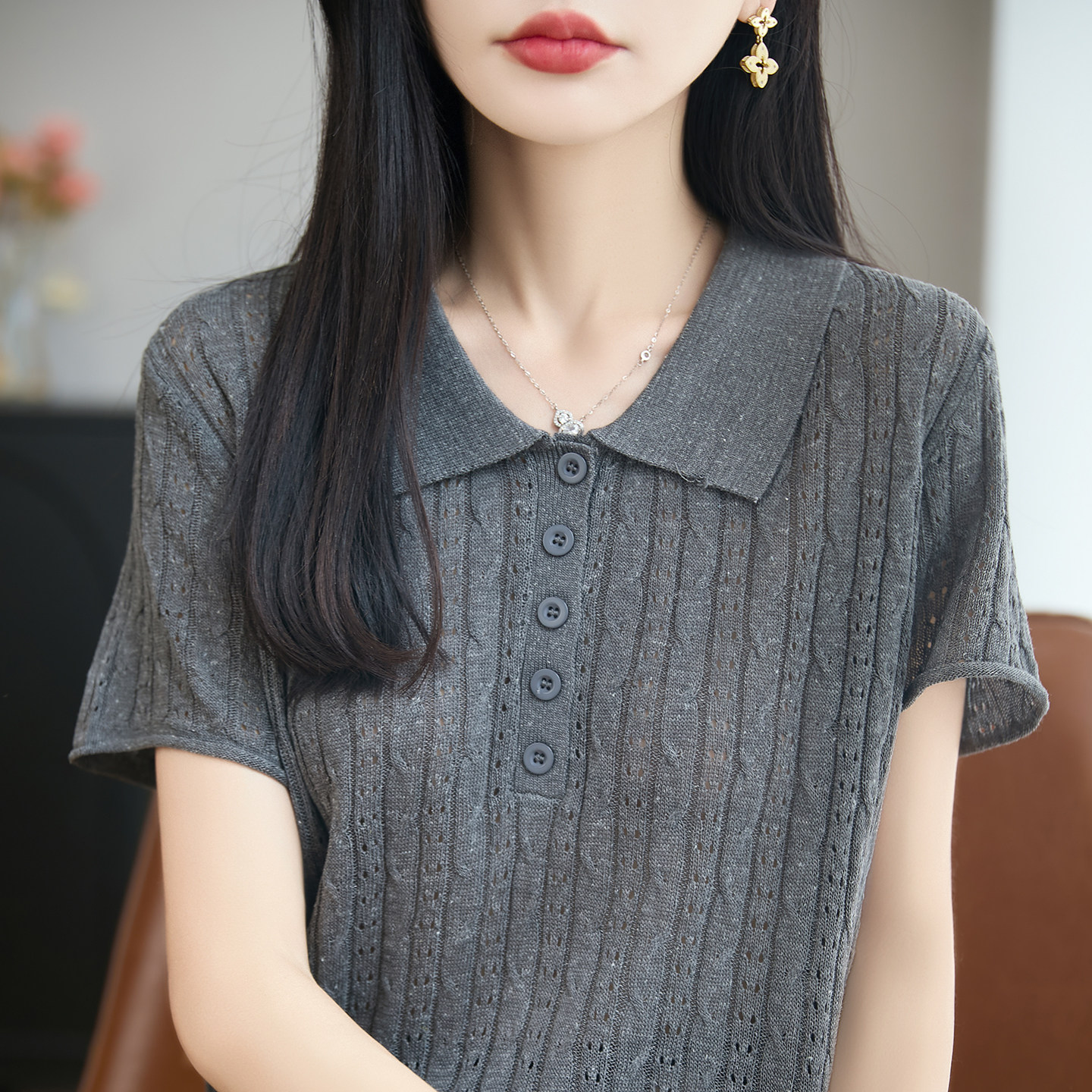 高级感翻领麻花针织衫短袖女POLO领修身套头体恤夏季新款镂空上衣