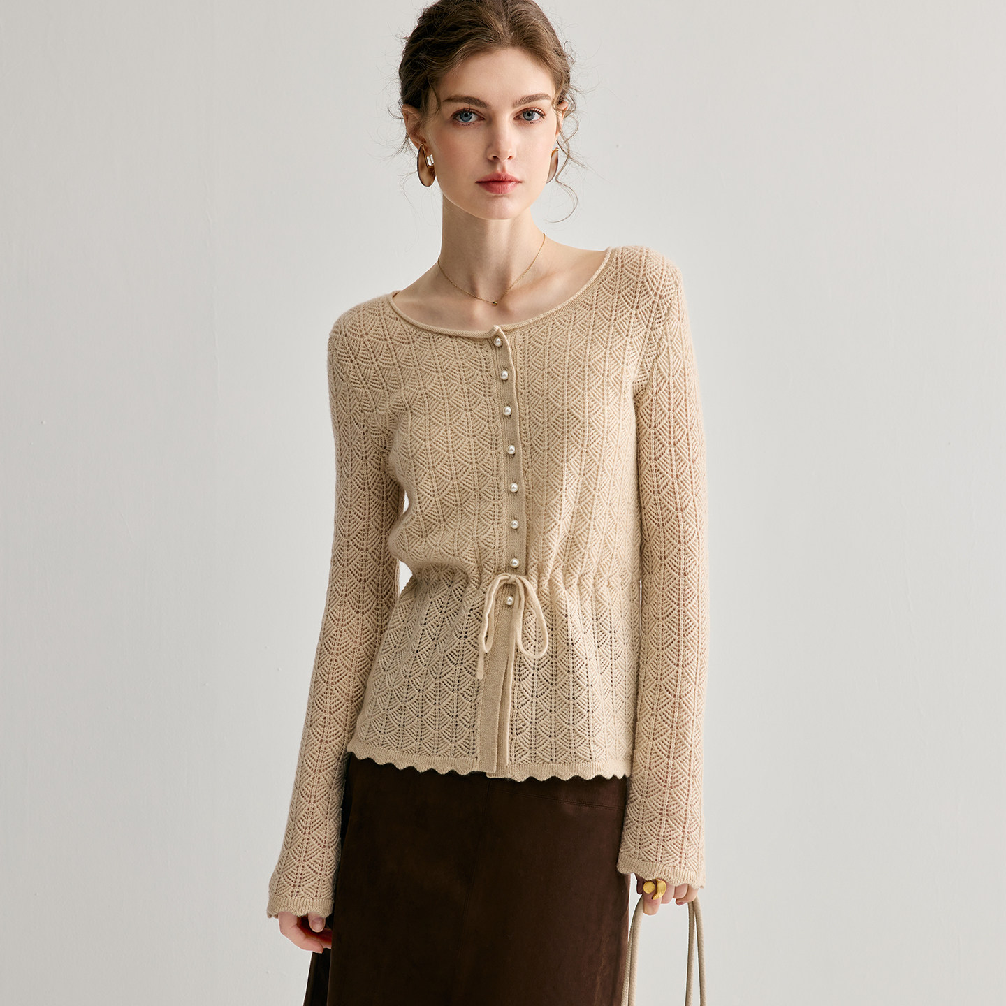 优雅气质镂空100%纯山羊绒衫女圆领系带收腰修身洋气提花开衫外套,女装/女士精品,羊绒衫,淘宝优惠券,粉丝福利购,淘宝优惠卷