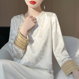 春新中式 缎面提花衬衣女圆领国风改良减龄斜襟设计感上衣宽松衬衫