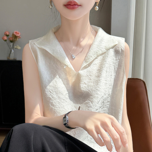时尚气质欧根纱背心女夏高级感国风无袖宽松T恤薄款洋气翻领小衫
