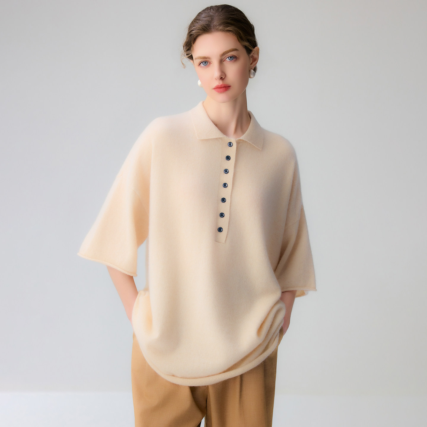秋冬新品100%纯山羊绒短袖女Polo领宽松半开系扣中长款半袖针织衫