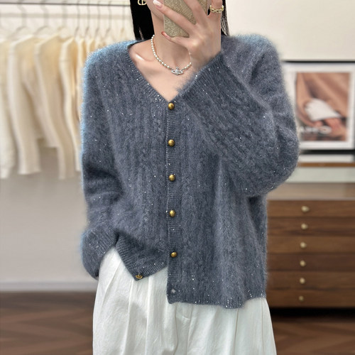 高端轻奢100%山羊绒开衫女V领金银丝珠片拉绒宽松高级感毛衣外套