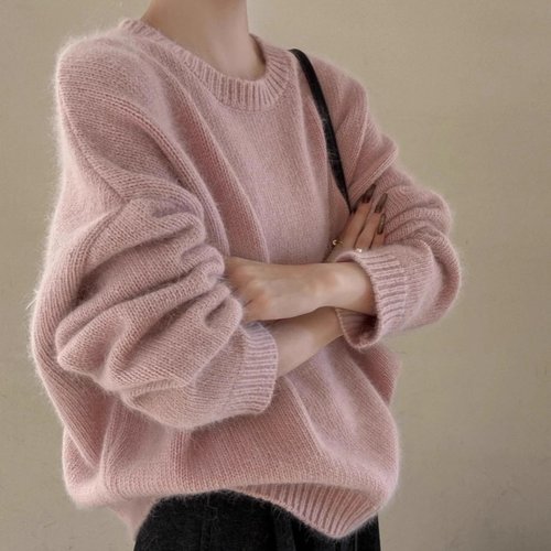 慵懒风圆领山羊绒衫女秋冬季加厚宽松套头毛衣时尚显瘦针织打底衫