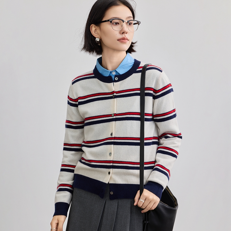 简约经典条纹圆领山羊绒开衫女秋冬新款复古撞色休闲针织外套上衣