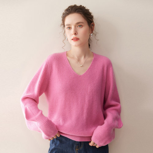秋冬季明星同款套头山羊绒衫女V领宽松慵懒风毛衣软糯针织打底衫