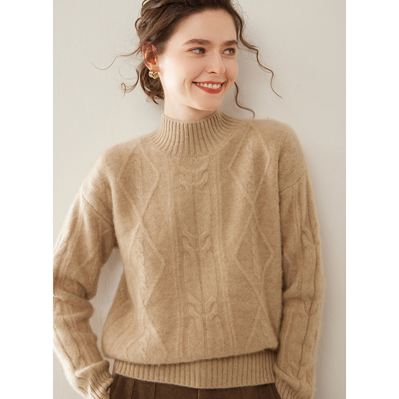 重磅三股加厚山羊绒衫女半高领提花宽松慵懒风羊毛衫针织打底毛衣