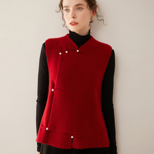 新年红国风山羊绒马甲女盘扣叠穿宽松加厚背心外搭时尚 针织坎肩