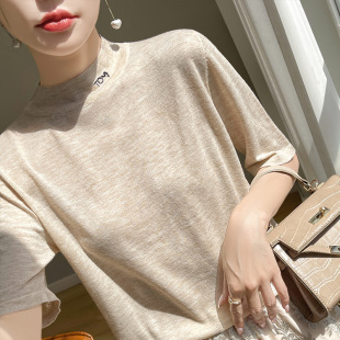 女宽松软糯亲肤套头毛衣简约休闲上衣 半高领针织短袖 2026夏季 新款