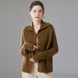 康宝莱花纱 毛衣外套 75%羊绒25%桑蚕丝三股花纱加厚翻领羊绒开衫