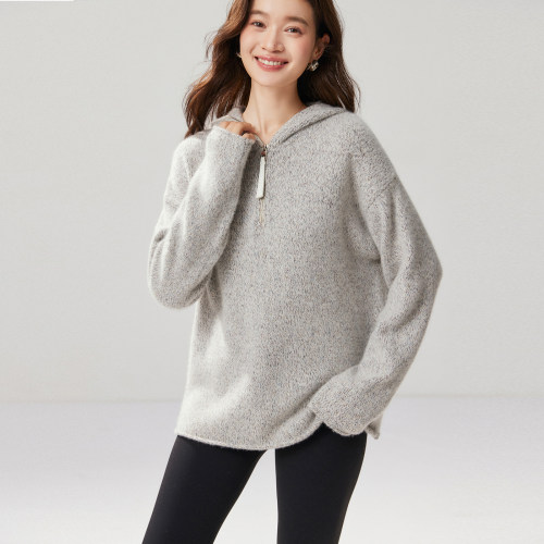 连帽拉链100%山羊绒衫加厚女帽衫