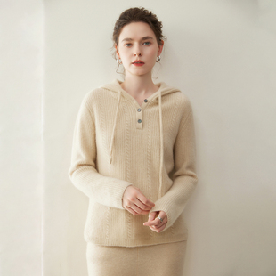 宽松加厚套头针织衫 女连帽抽绳毛衣秋冬新款 洋气1005纯羊绒衫 韩版