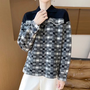 时尚 秋冬新款 格子衬衫 100%羊毛开衫 羊绒毛衣 女POLO领拼色加厚经典