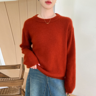 高端康宝莱纱线 女圆领宽松慵懒风针织毛衣 25%桑蚕丝75%山羊绒衫