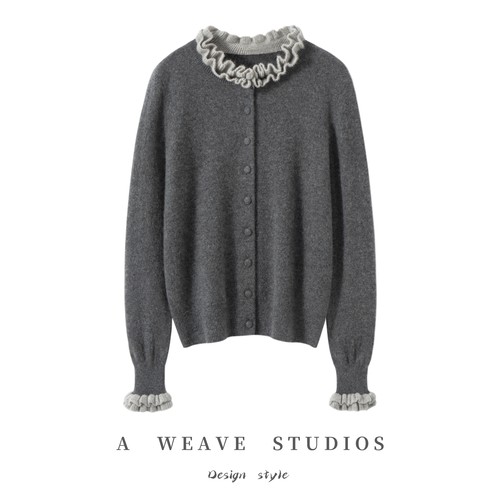 高级感轻奢木耳边100%纯山羊绒开衫女秋冬小香风气质宽松毛衣外套