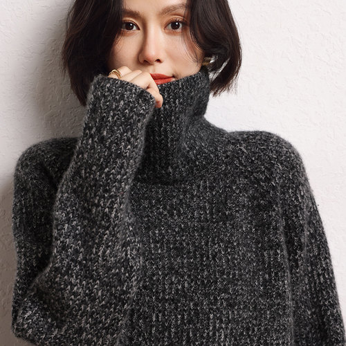 轻奢高端慵懒风高领山羊绒衫女前短后长设计开叉加厚保暖毛衣打底