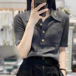 白百何明显同款衣服POLO领T恤女修身显瘦翻领短袖时尚半袖打底衫