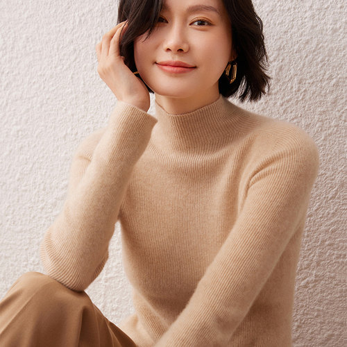明星同款羊绒衫女半高领修身显瘦软糯毛衣纯色套头羊毛衫百搭打底